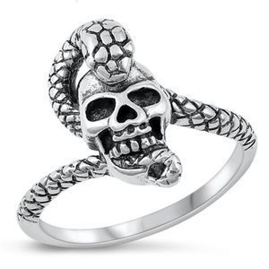 Silver Ring - Skull with Snake Ring Sterling Silver Ring - 925